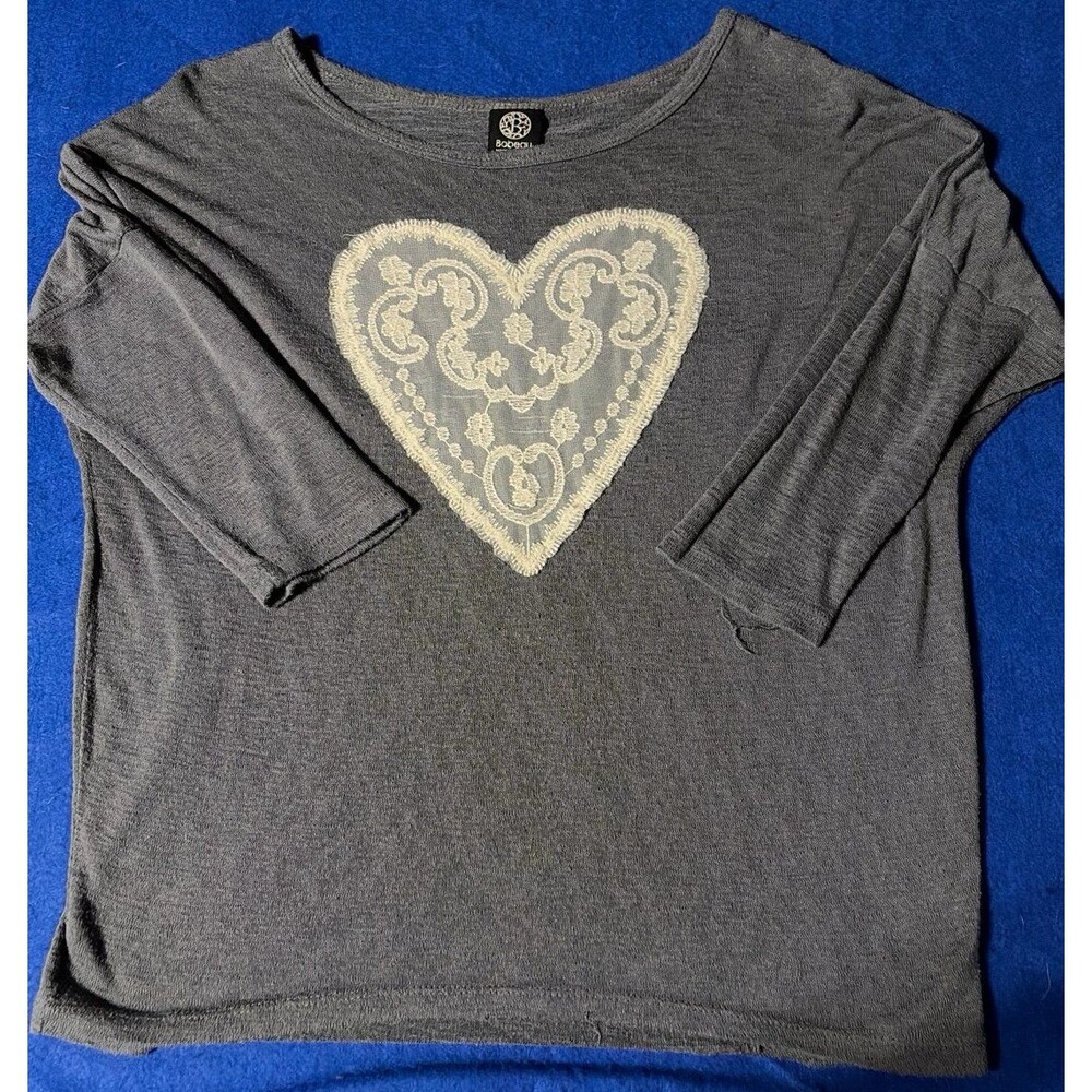 Bobeau Gray Long Sleeve Top Lace Heart Appliqué Made in Mexico